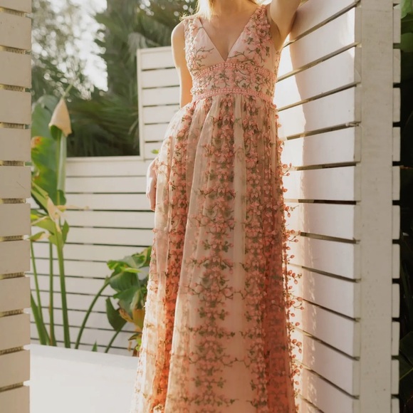 Pink Sleeveless V-Neck Maxi Embroidery Festival Pastel Sundress